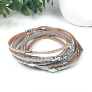 Silver Leather Wrap Bangle Magnet Bracelet